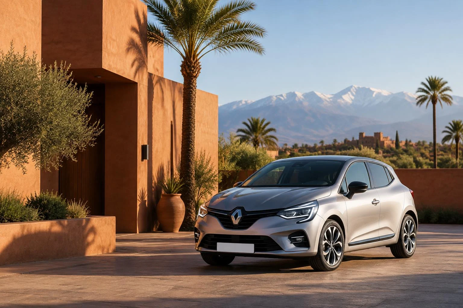 Renault Clio devant une architecture contemporaine inspirée de Marrakech et de l’Atlas