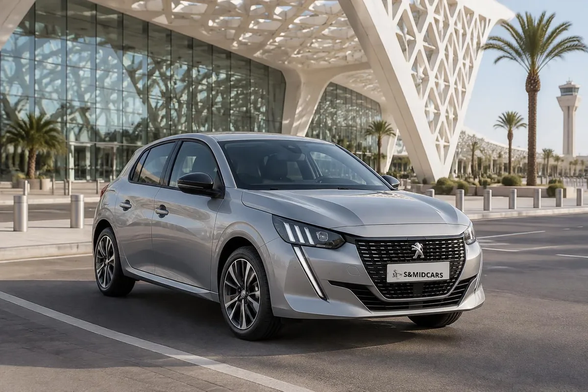 Peugeot 208 dans un contexte aéroportuaire inspiré de Menara